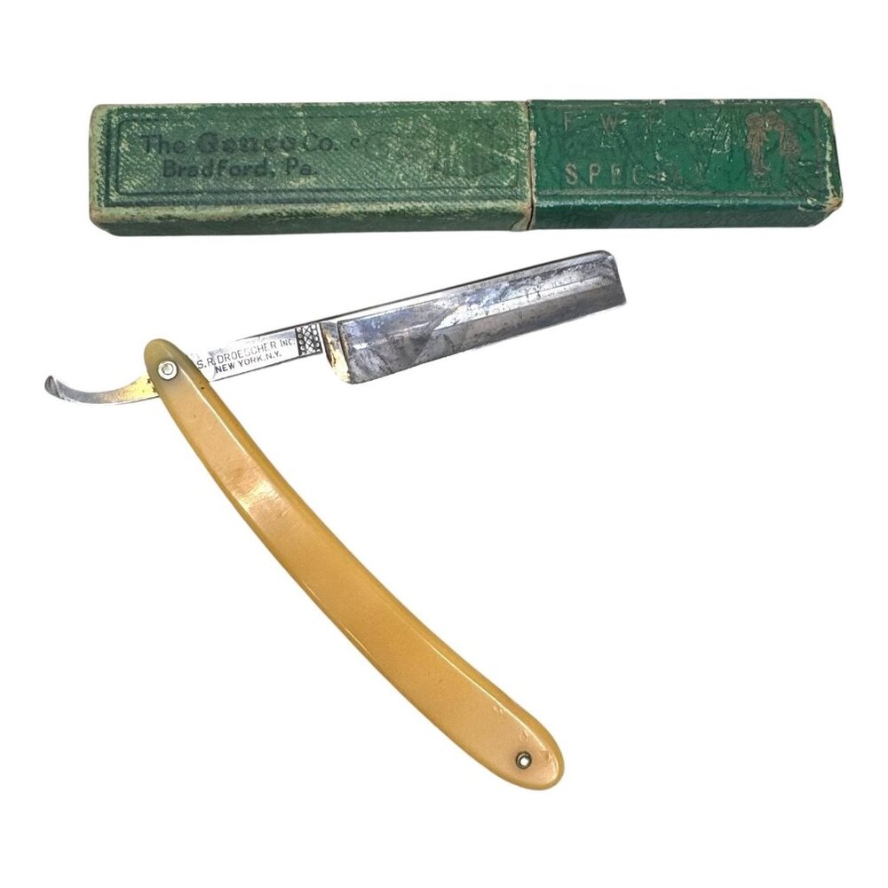 Vtg Gold SR Droescher Straight Razor Original Green Box Shaving Masterpiece READ